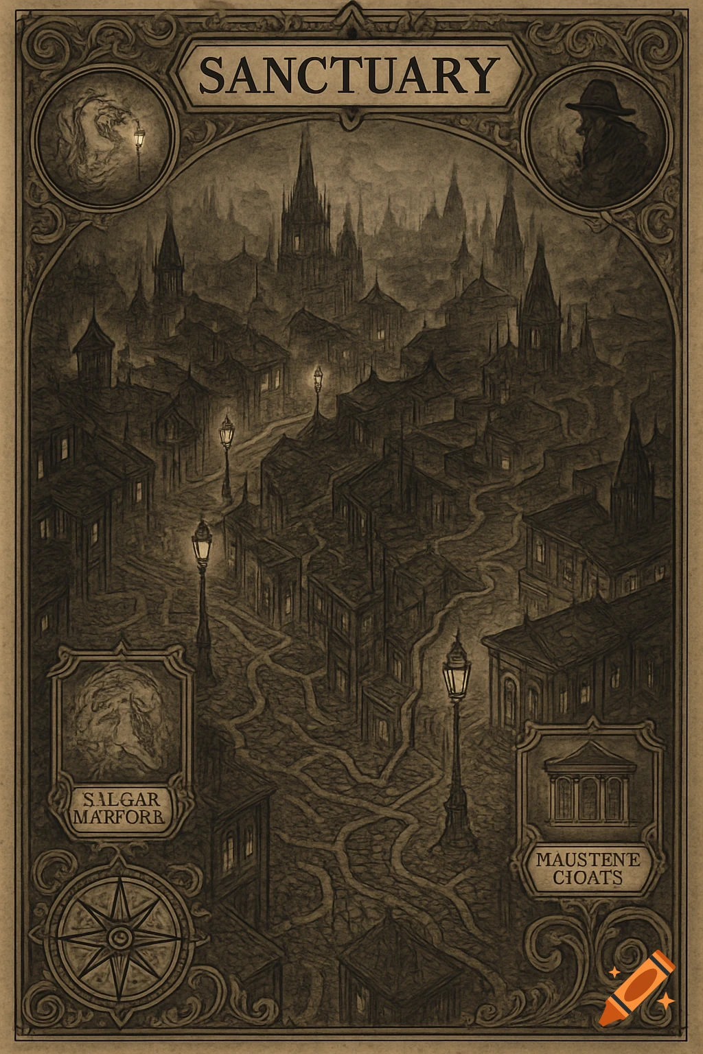 A dark, intricate map of a gaslamp Victorian city called "Sanctuary", with winding streets, tall buildings, glowing lampposts, and decorative borders.