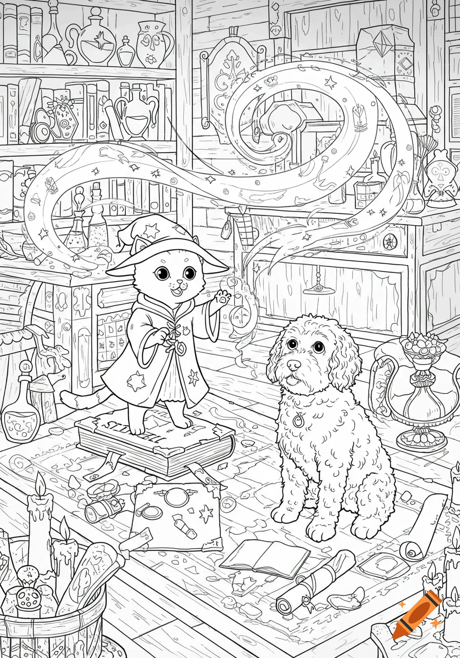 A black and white line art of a cute cat dressed as a wizard casting a spell on a labradoodle dog in a magical laboratory filled with potions and books.