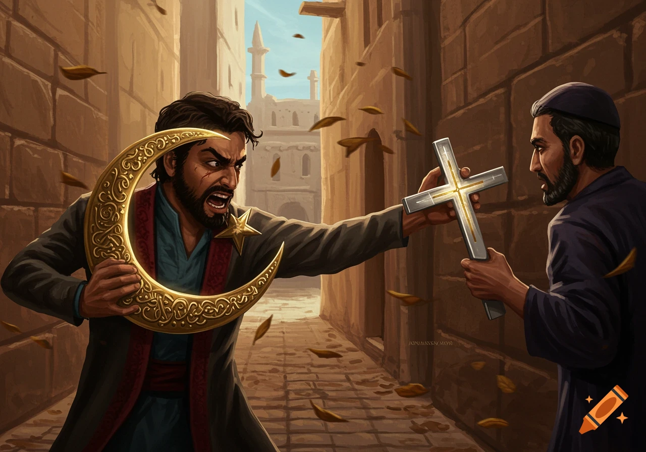 An angry man with a crescent and star shield faces a man holding a cross in a narrow, sunlit alley.