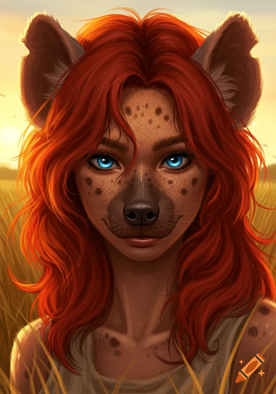 A close-up digital painting of a female hyena demihuman with red hair, blue eyes, and freckles, in a golden field at sunset.