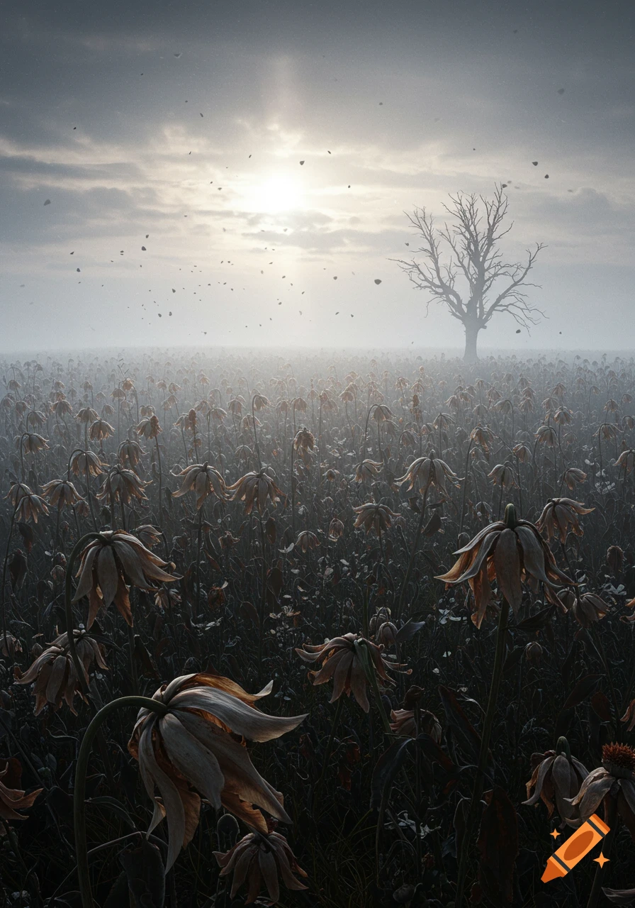 A somber field of withered flowers under a misty, cloudy sky with a bare tree in the distance.