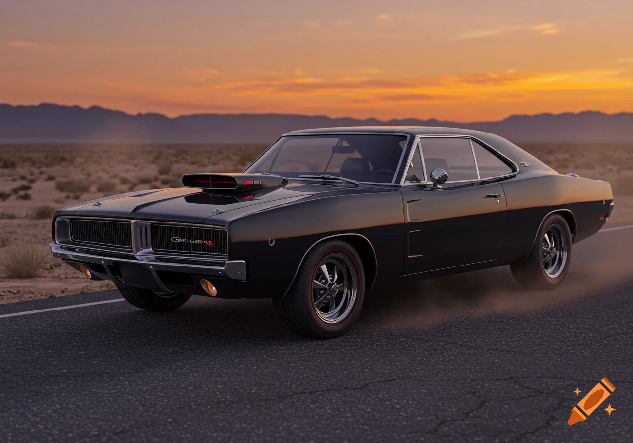 A photorealistic image of a black 1969 Dodge Charger muscle car with a hood scoop on a desert road at sunset.