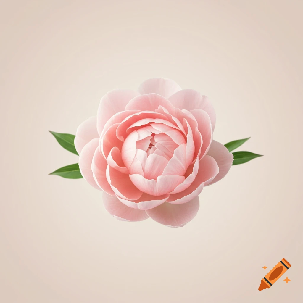 A light pink flower with green leaves against a light beige background.