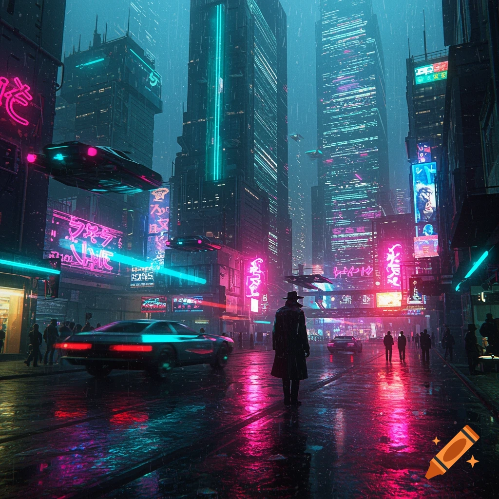 A neon-lit futuristic city street at night, with rain reflecting bright pink and blue lights on the wet pavement. Flying vehicles hover, and a person in a trench coat walks away from the viewer.