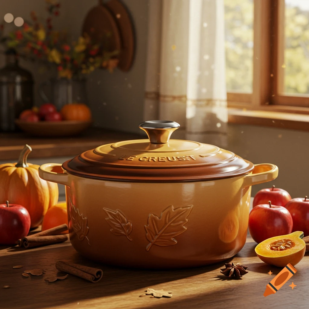 Photorealistic image of a golden Le Creuset Dutch oven with embossed leaves, surrounded by autumn produce and spices in a sunlit kitchen.
