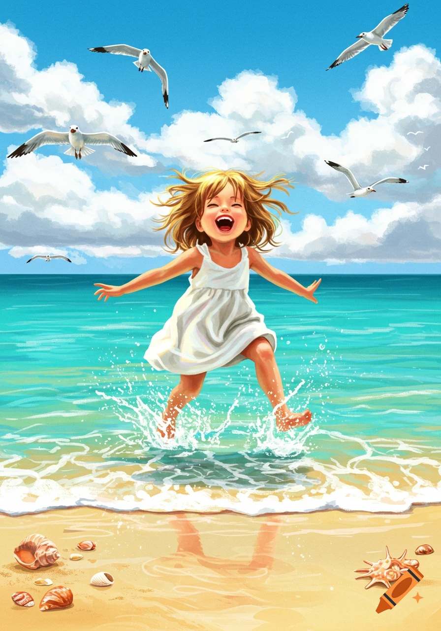 A joyful child in a white dress splashes in the clear turquoise ocean water on a sunny beach, with seagulls flying under a blue sky. Illustration.