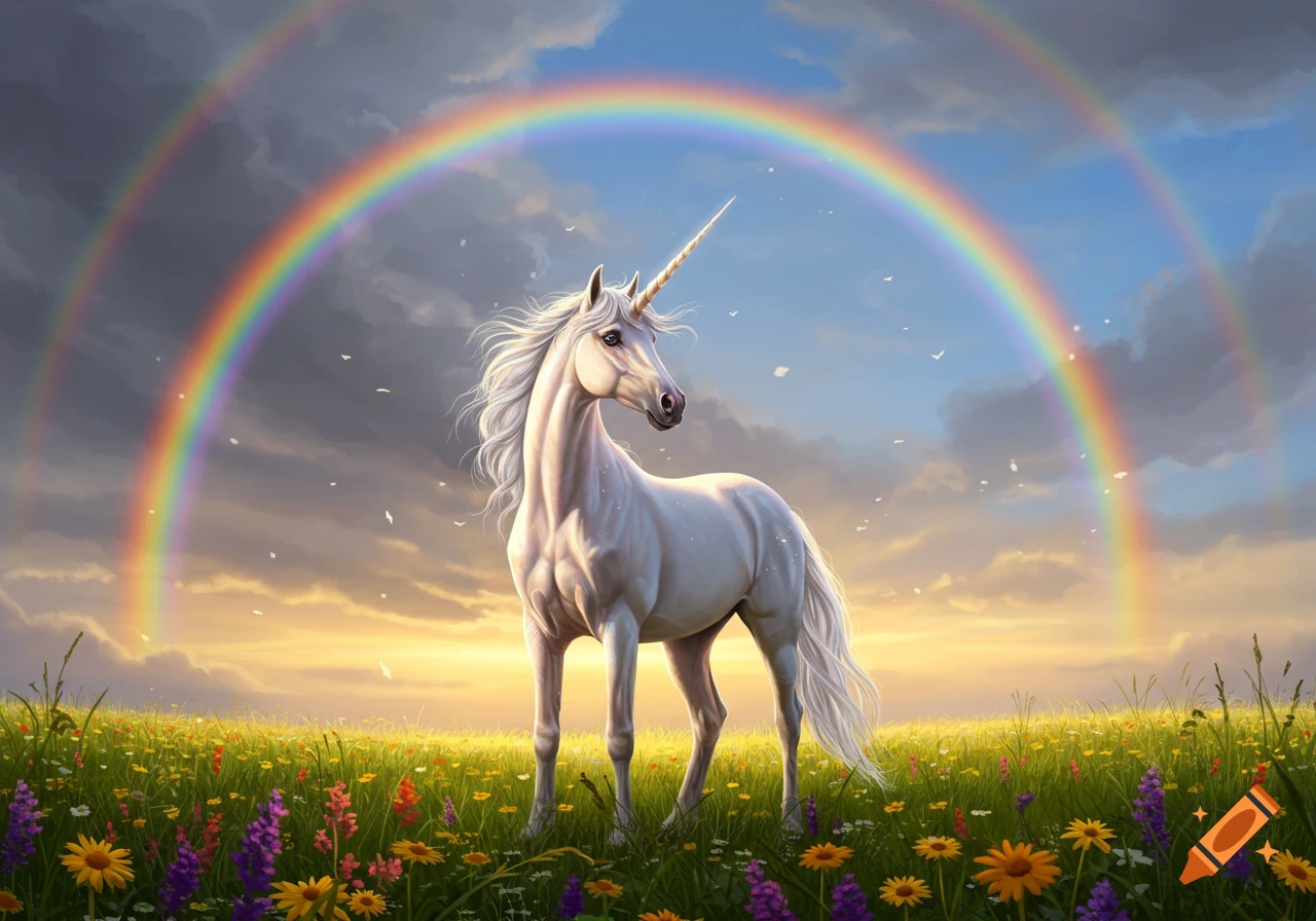 White unicorn standing in a vibrant flower field under a double rainbow at sunset.