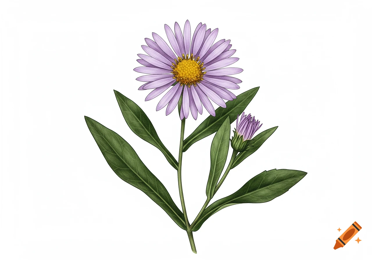 A botanical illustration of a purple aster flower with green leaves and a bud on a white background.
