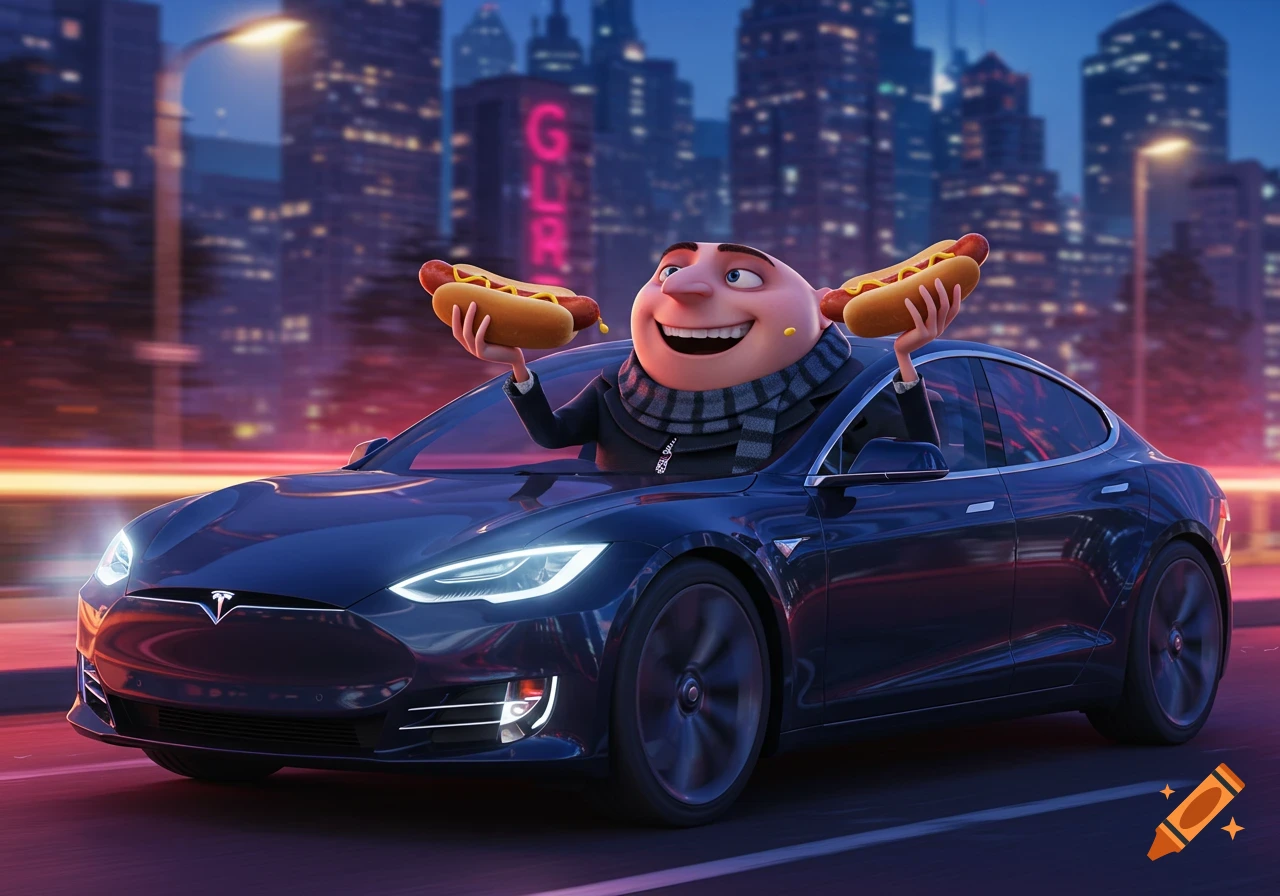 Cartoon character Gru driving a black Tesla car through a city at night, holding two hot dogs with mustard.