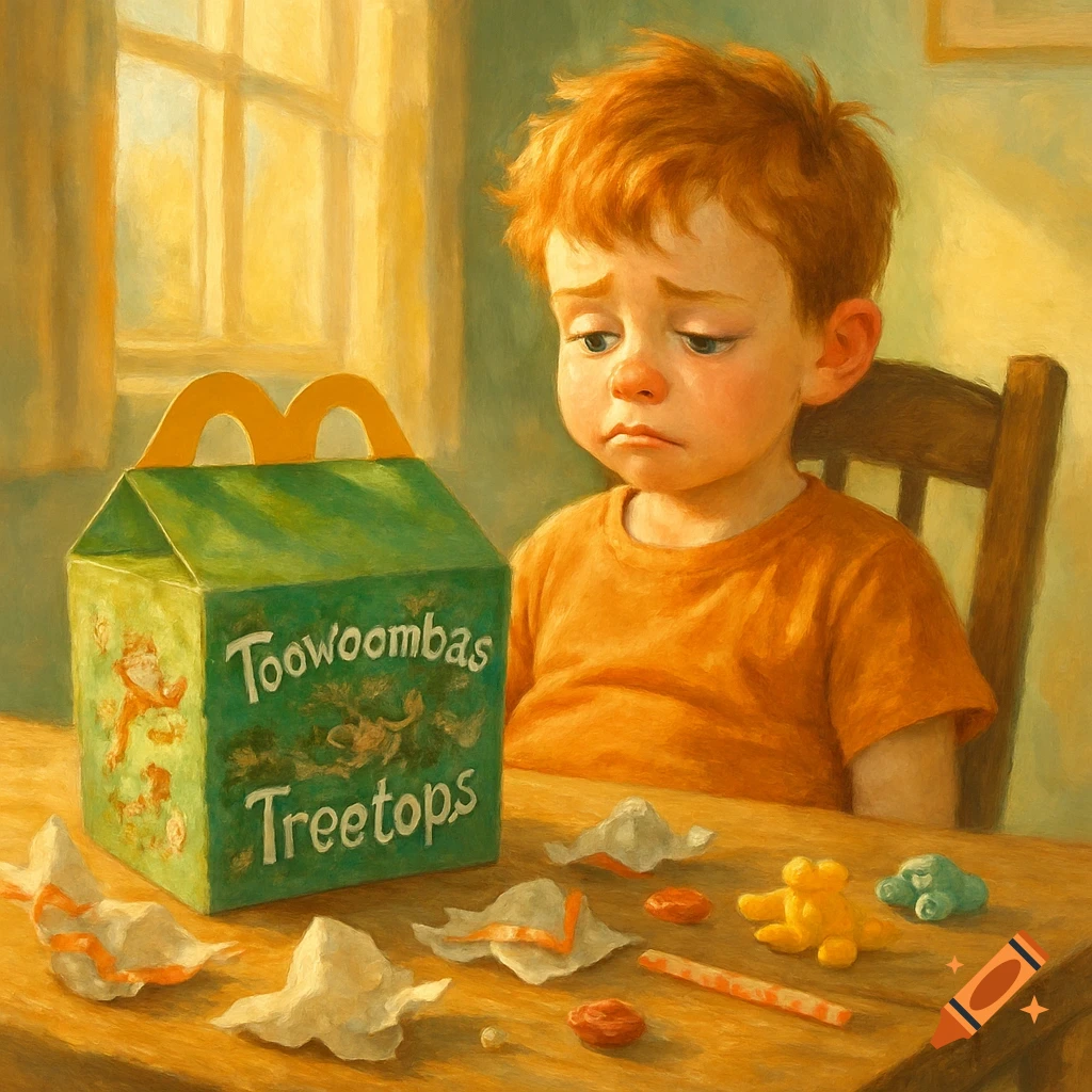 A sad redhead boy sits at a table looking down at a green happy meal box labeled 'Toowoombas Treetops' with small toys and crumpled paper.