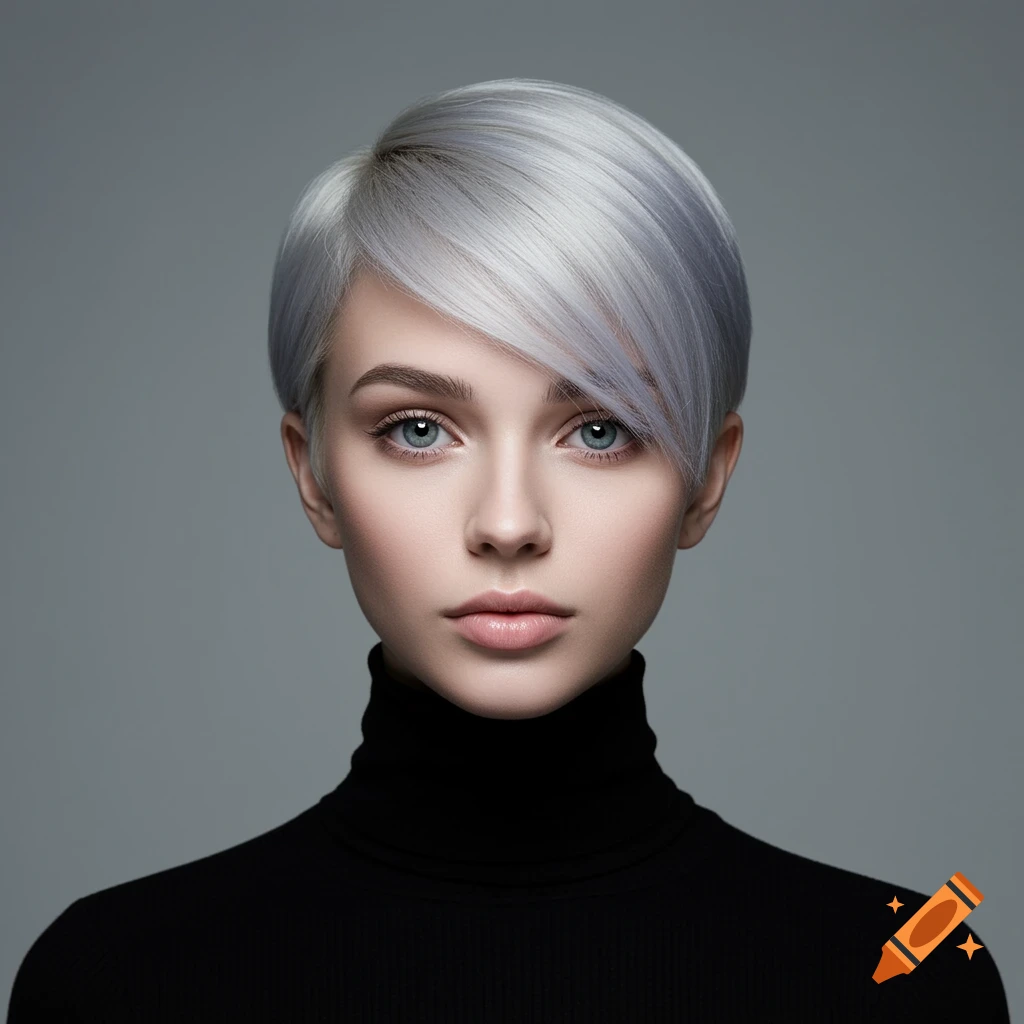 Photorealistic close-up portrait of a young woman with short, platinum blonde hair and striking grey eyes, wearing a black turtleneck.