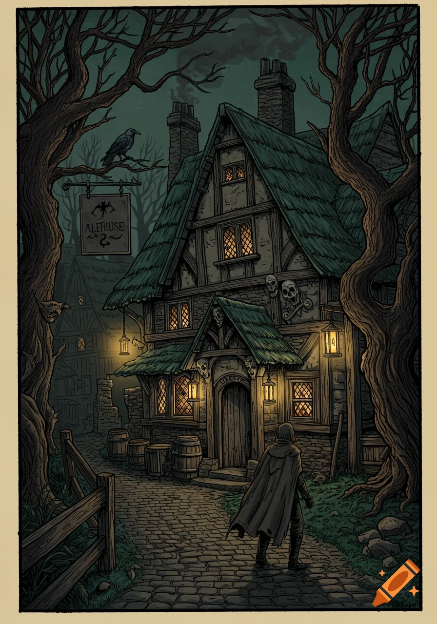 A man in a cloak approaches a creepy, skull-decorated alehouse at night, with a raven on a tree, in a dark medieval woodcut style.