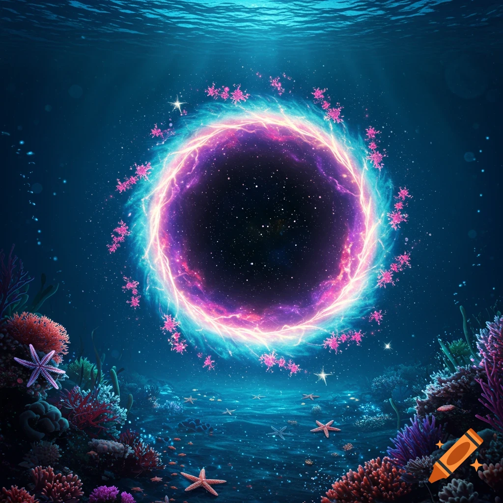 An underwater cosmic portal glowing with pink and blue light, surrounded by stars and colorful coral reefs.