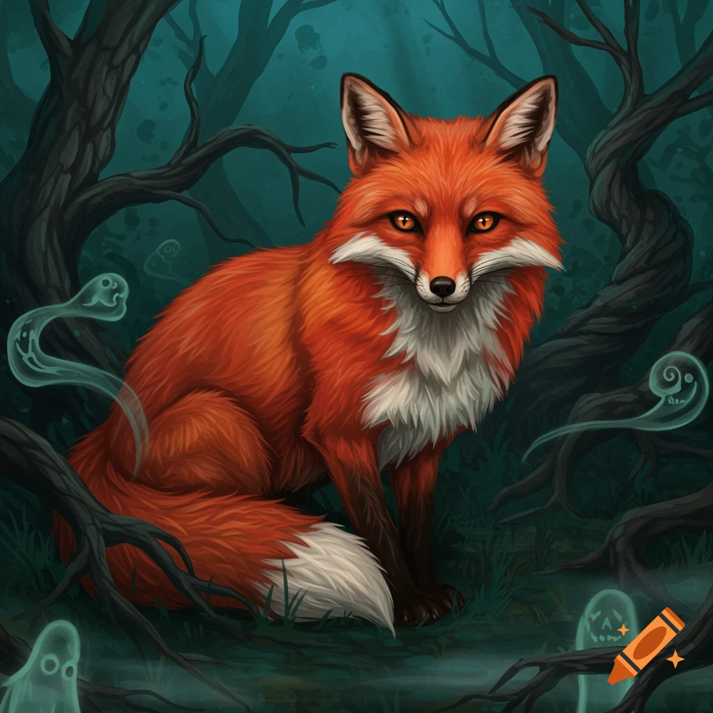 An illustrative red fox with glowing orange eyes sits in a dark, spooky forest with bare trees and pale green ghosts floating around it.