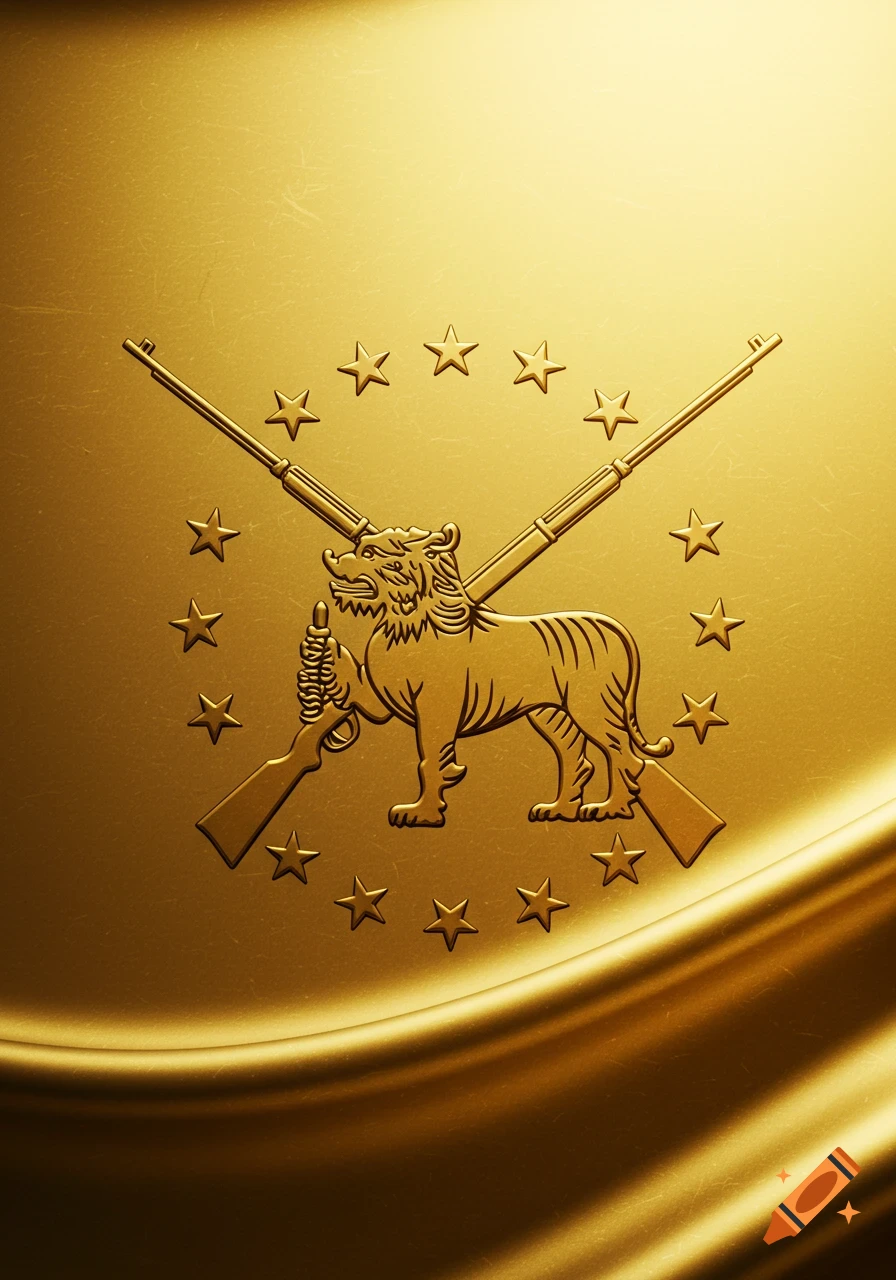 An embossed gold emblem featuring a tiger holding a rifle, with crossed rifles and stars on a wavy golden background.