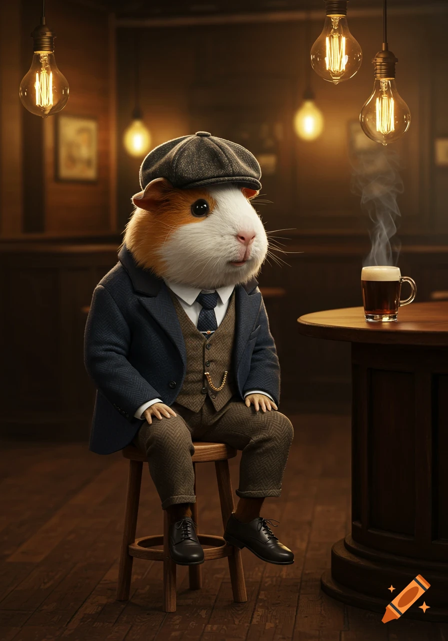 A photorealistic guinea pig in a suit and flat cap sits on a bar stool next to a steaming mug in a dimly lit pub.