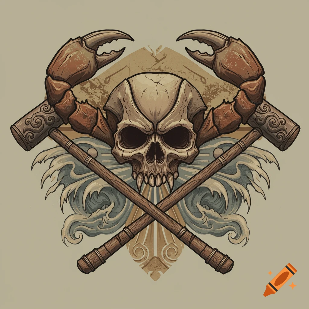 Stylized illustration of a skull with crab claws, crossed mallets, and ocean waves against a light background.