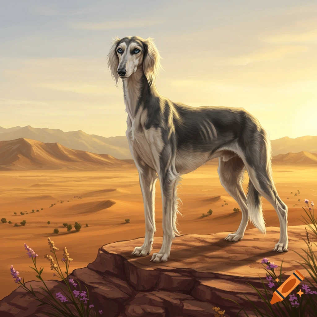 A regal Saluki dog with blue eyes stands on a rock in a golden desert landscape at sunset, digital painting.