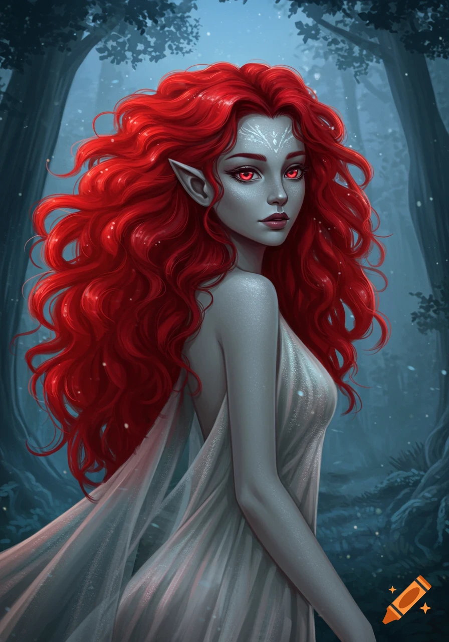 A fantasy girl with long curly red hair, gray skin, red eyes, and pointed ears in a white dress, standing in a dark mystical forest, digital art.