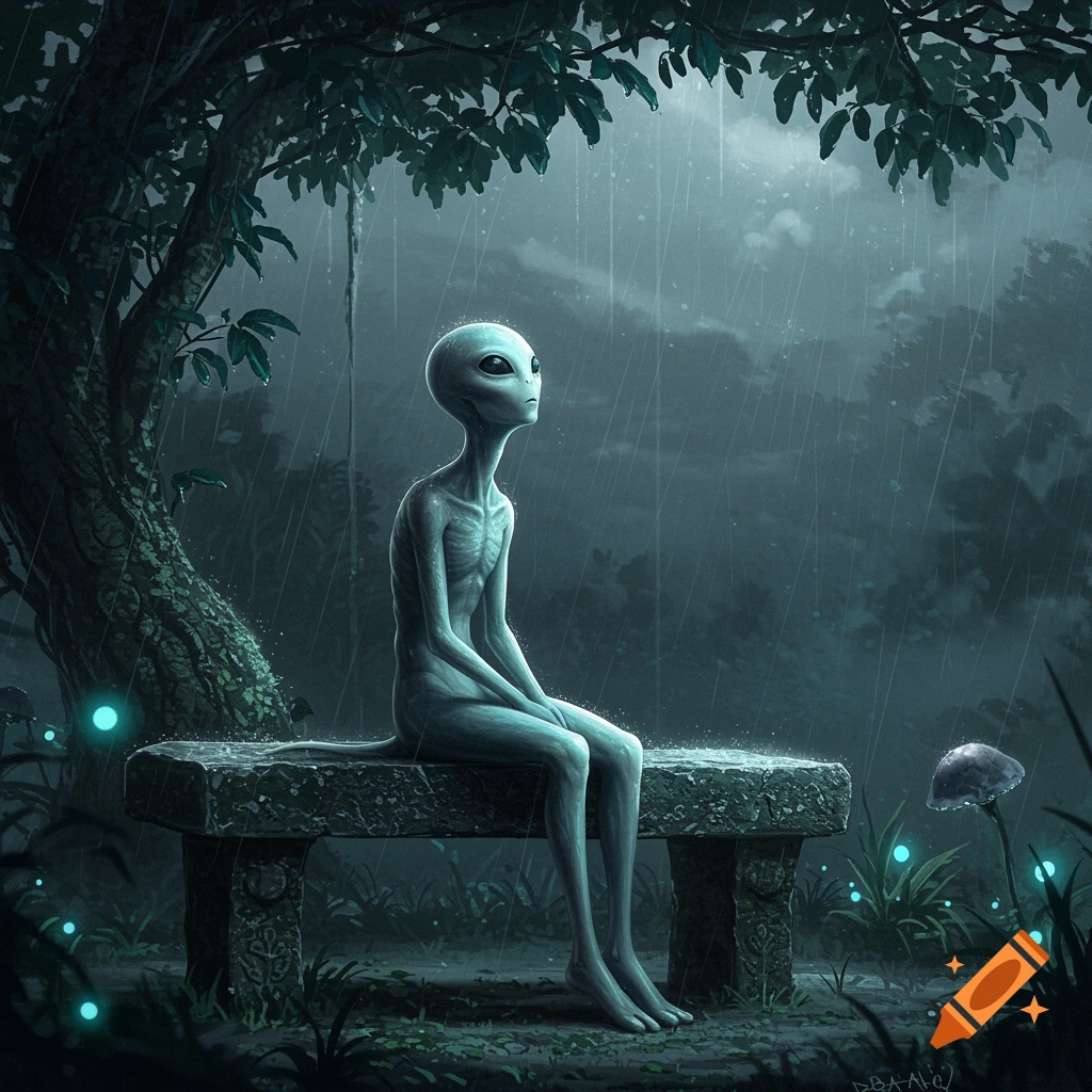 A grey alien sits alone on a stone bench under a dark tree in a moonlit, glowing forest during a rain shower.