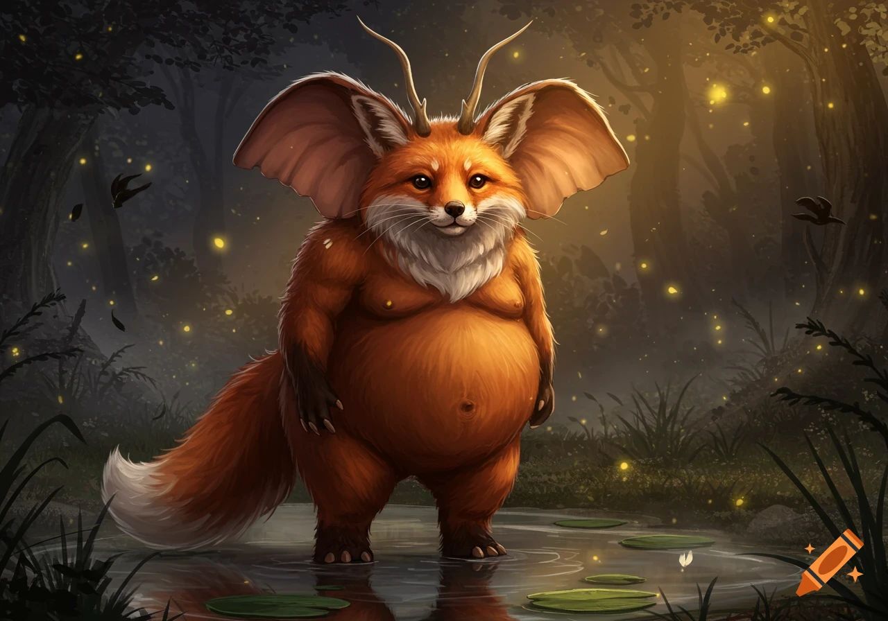 A portly, furry fantasy creature with large ears and small antlers stands in a moonlit forest with fireflies.