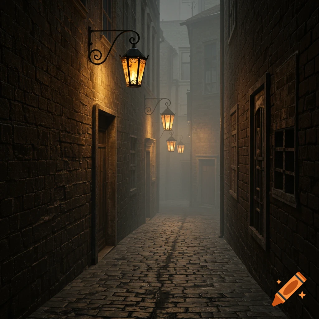 A dark and foggy cobblestone alleyway lit by multiple glowing lanterns mounted on brick walls, creating a moody atmosphere.