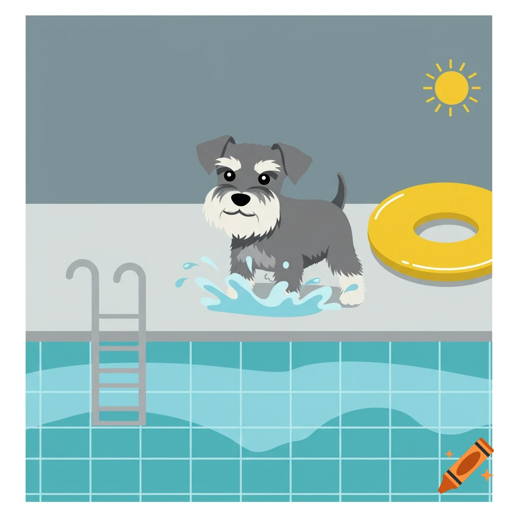 A cartoon schnauzer dog splashes at the edge of a swimming pool with a yellow ring and sun.