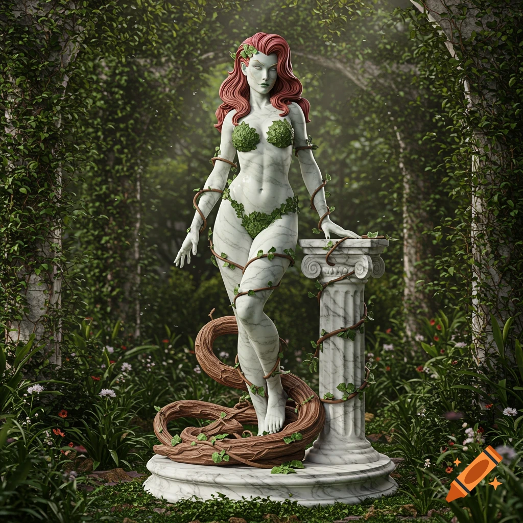 A photorealistic marble statue of Poison Ivy, adorned with green leaves, stands in a lush, overgrown garden next to a marble pedestal.