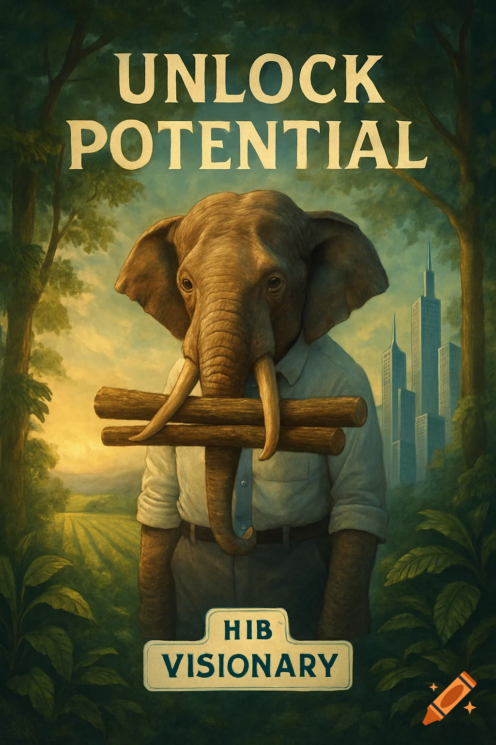 An anthropomorphic elephant in a white shirt and grey pants holds three logs with its trunk. Text reads "UNLOCK POTENTIAL" above and "HIB VISIONARY" below. The background is a jungle clearing with a city and fields in the distance, in a painted style.