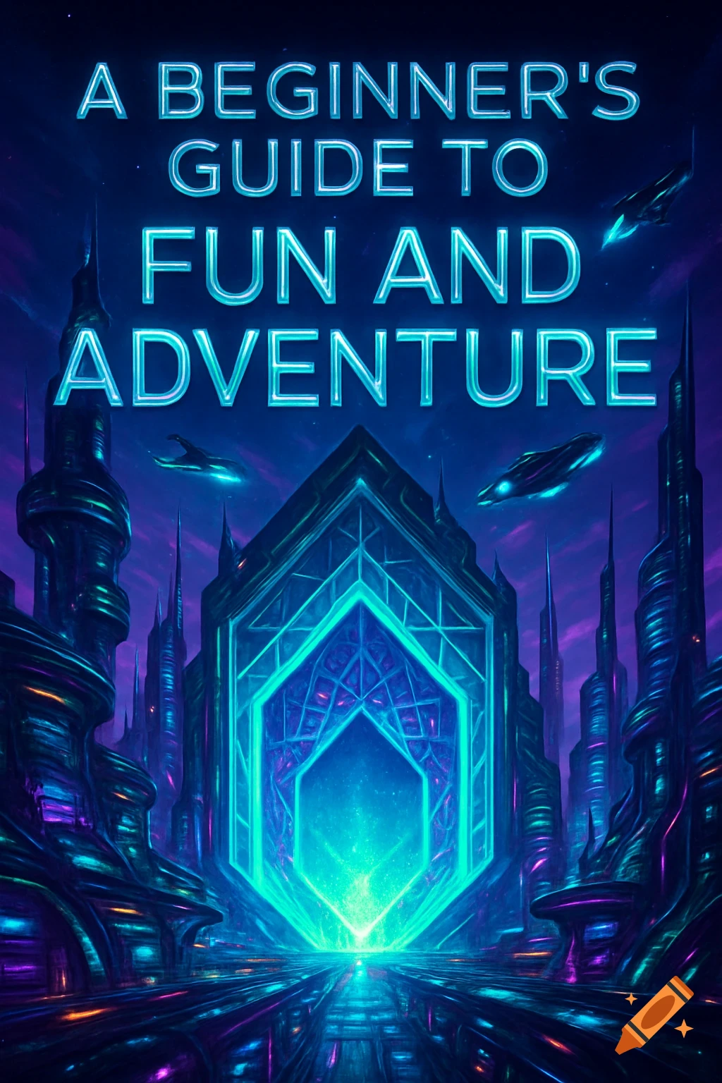 A futuristic sci-fi cityscape at night with glowing blue neon text on a book cover titled 'A BEGINNER'S GUIDE TO FUN AND ADVENTURE'.