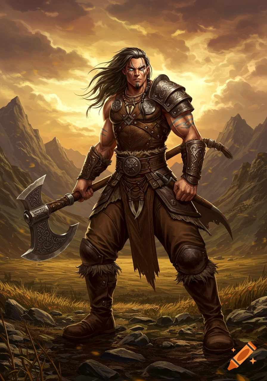 A muscular barbarian with an axe stands in a rugged landscape under a dramatic, cloudy sky.