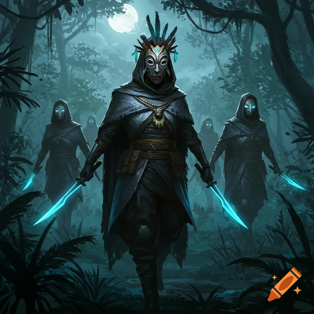 Masked guardians with glowing blue swords walk through a dark, moonlit forest, fantasy art style.