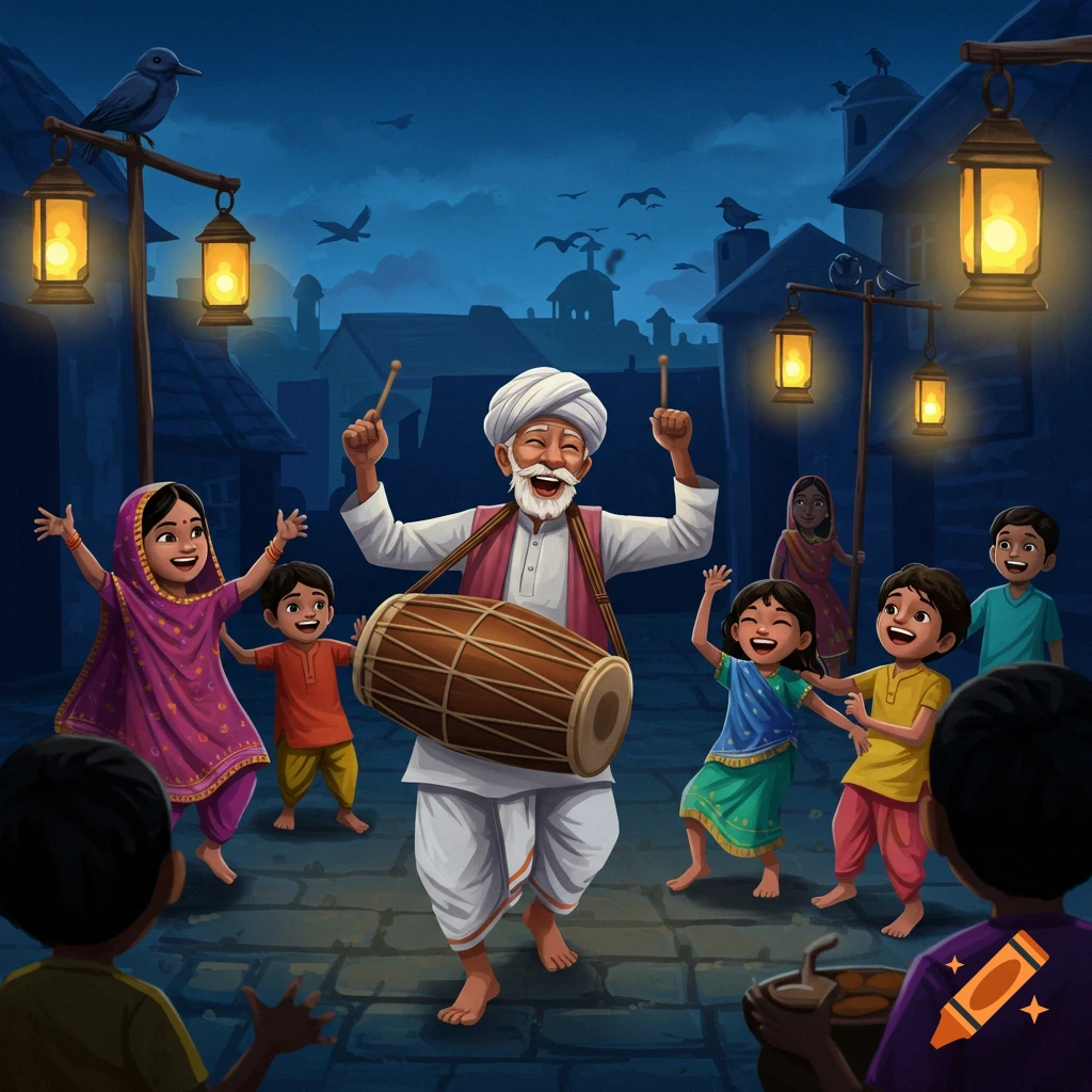 A happy old man plays a dholak drum and dances with several children on a lantern-lit village street at night, in an illustration style.