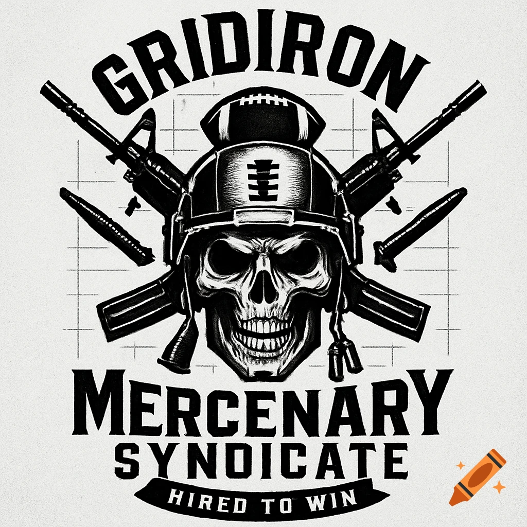 Black and white logo featuring a menacing skull wearing a football helmet, crossed rifles, a football, and text "GRIDIRON MERCENARY SYNDICATE HIRED TO WIN".