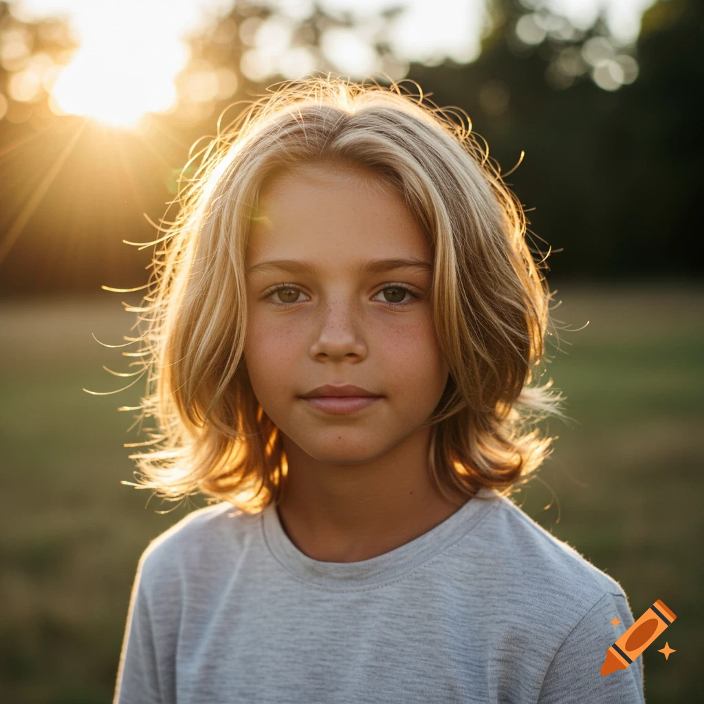 Photorealistic portrait of a boy with shoulder-length blonde hair, backlit by golden hour sunlight outdoors.