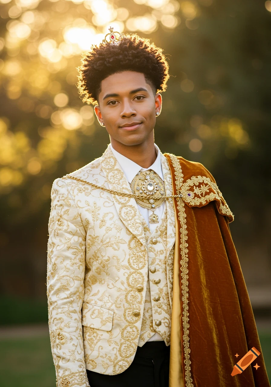 A young man with curly hair and a subtle crown smiles, wearing an ornate cream and gold royal jacket and a brown velvet cape.