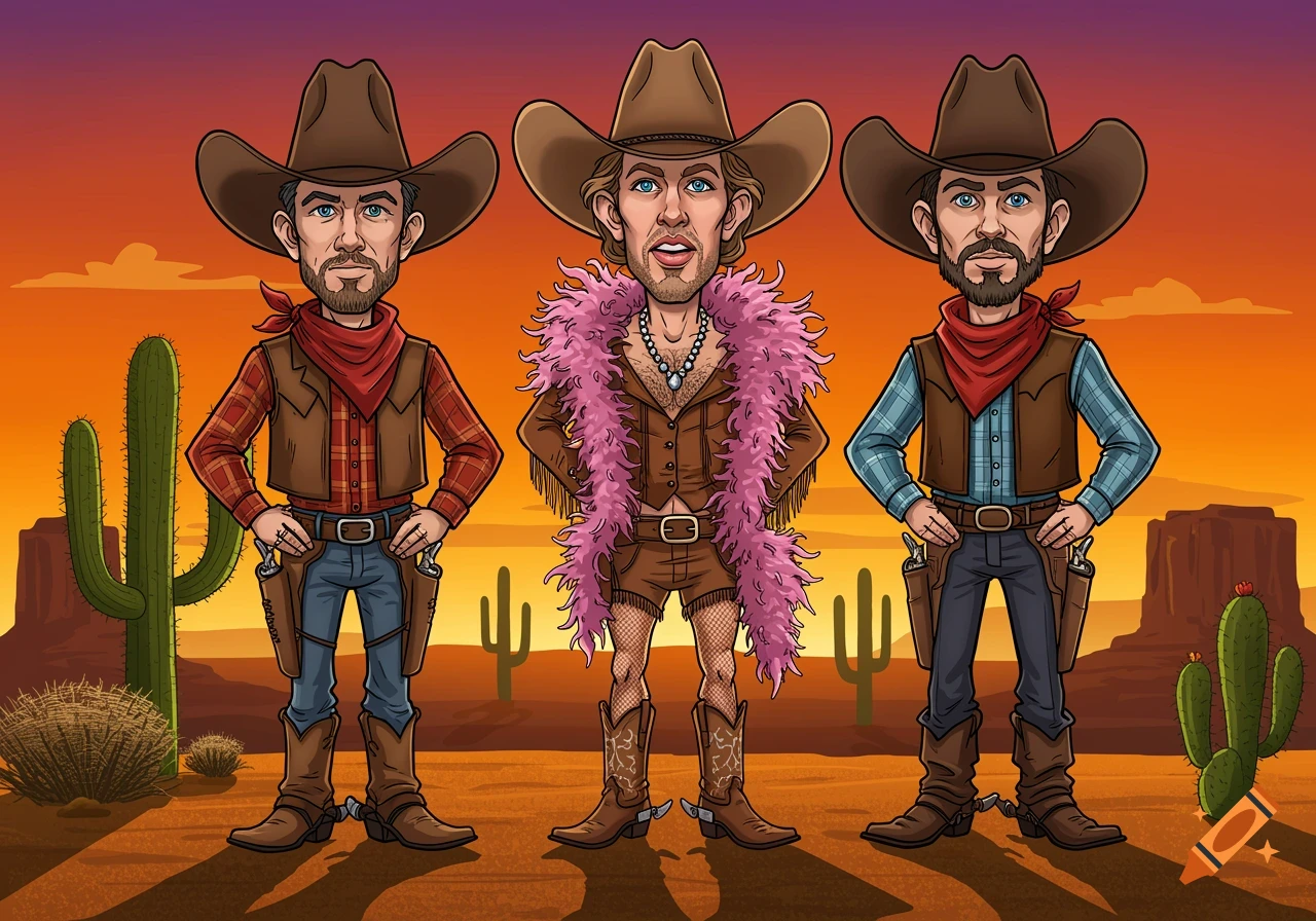 Three cartoon men in cowboy outfits stand in a desert at sunset; the middle man wears a pink boa and shorts.