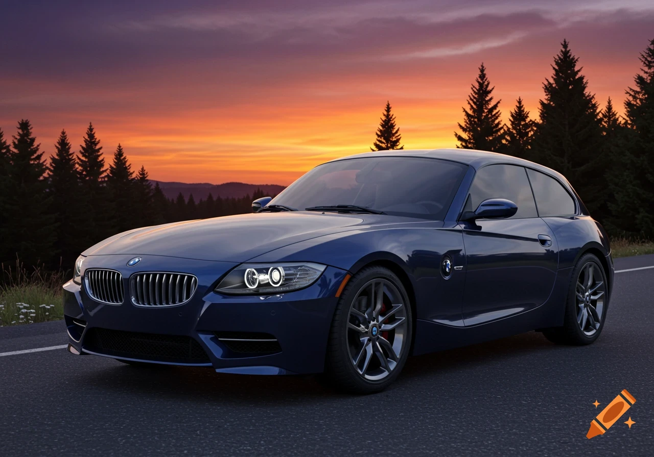 A dark blue BMW Z4 Shooting Brake parked on a road with a vibrant orange and purple sunset sky and a forest in the background.