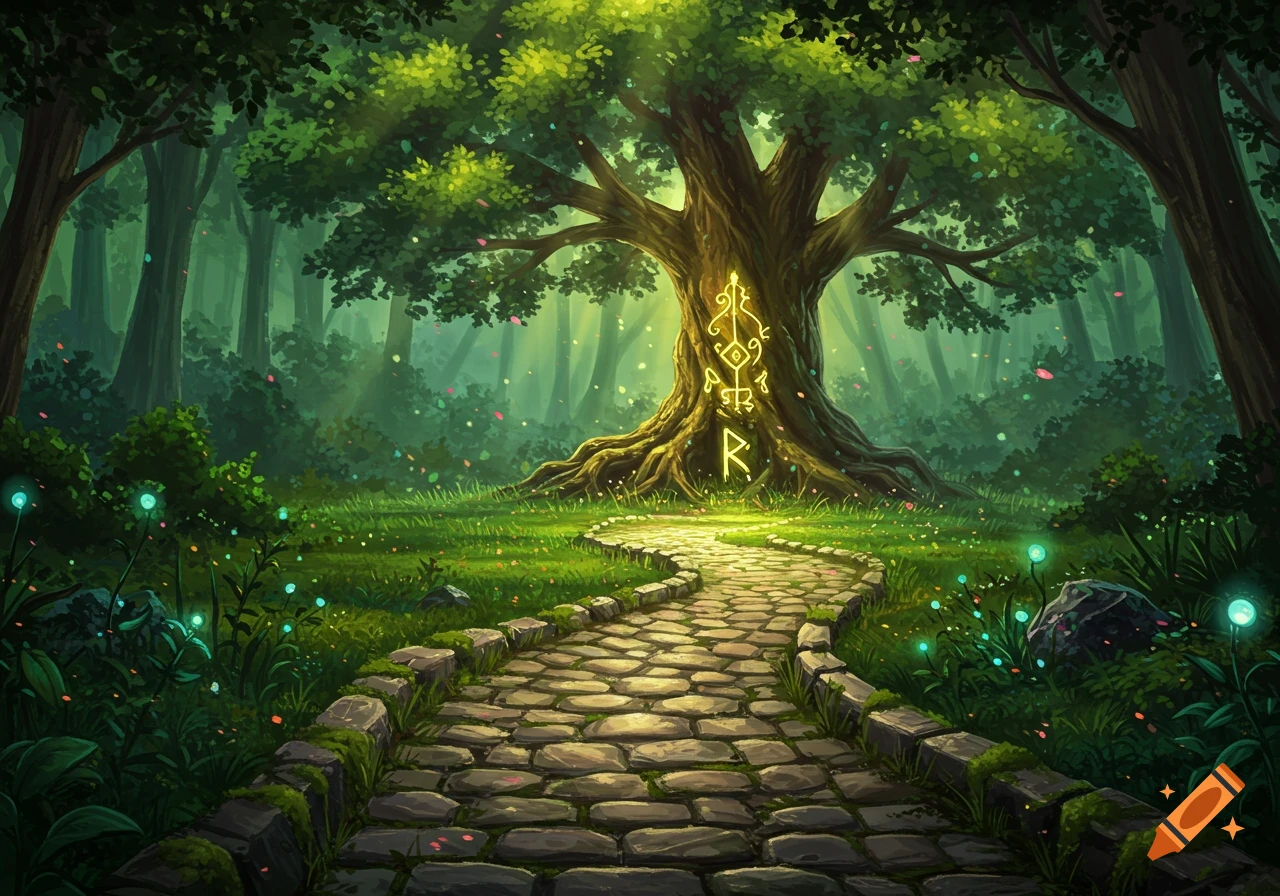 A vibrant fantasy illustration of a winding cobblestone path through a mystical forest, leading to a large tree with glowing runes on its trunk.