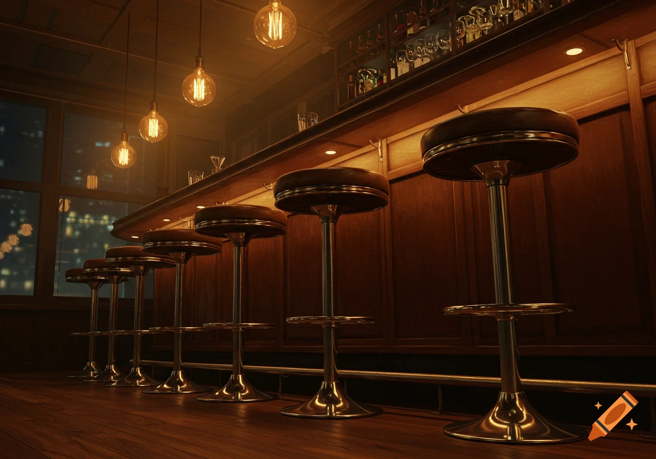 A low-angle view of an empty bar with several stools, warm hanging lights, and a blurred city background.