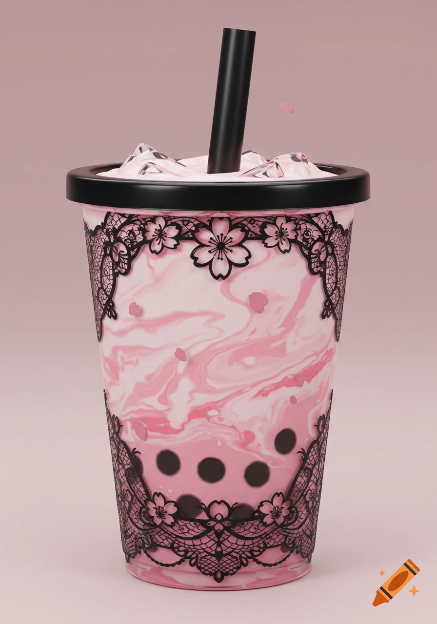 A realistic boba tea cup with pink and white marbled liquid, black boba pearls, a black straw, and a black lace and cherry blossom design on a pink background.