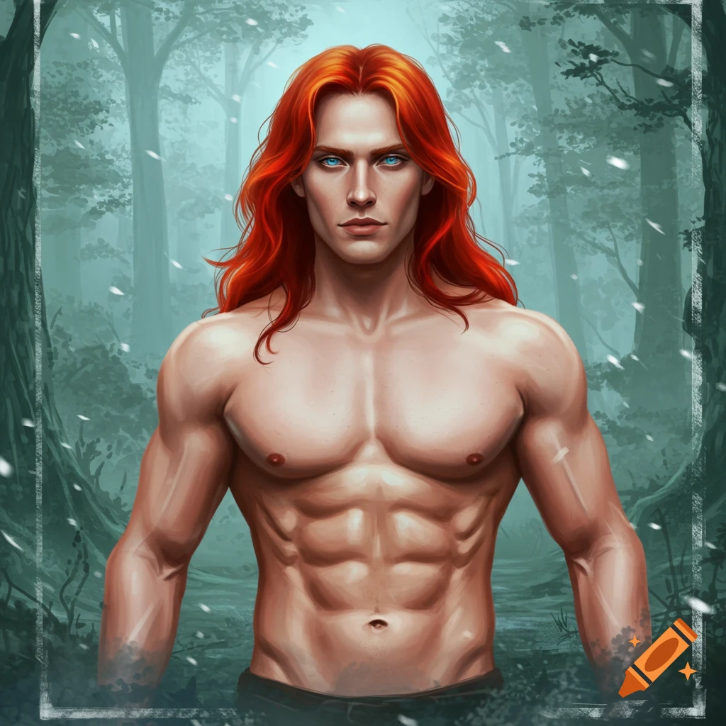 Digital art portrait of a handsome, muscular man with long red hair and blue eyes, standing shirtless in a misty forest with falling snow.