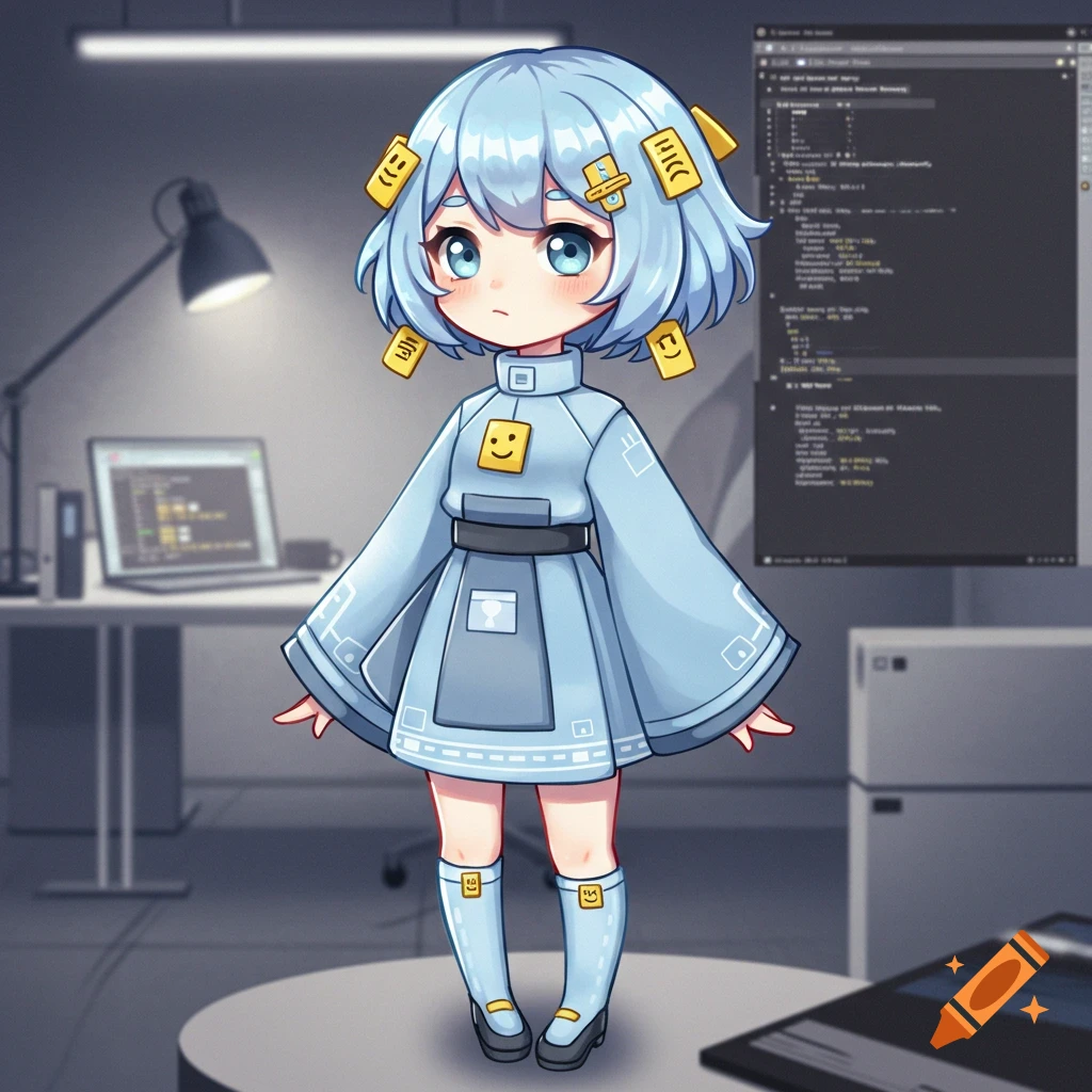 A cute anime-style girl with short blue hair and a light blue outfit stands in a computer lab, with yellow tabs on her hair and clothes.