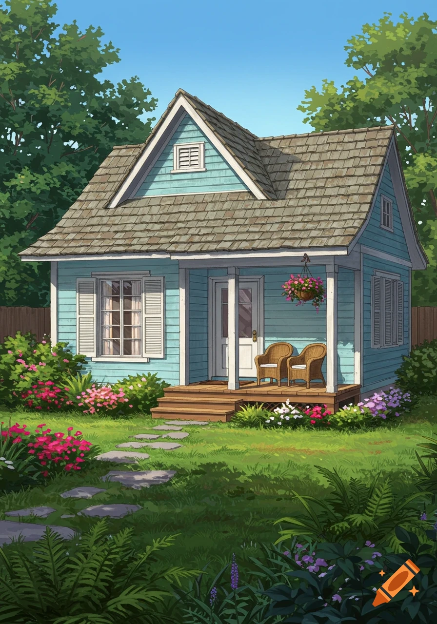 Illustrated small light blue house with a porch and garden path surrounded by green trees and colorful flowers.