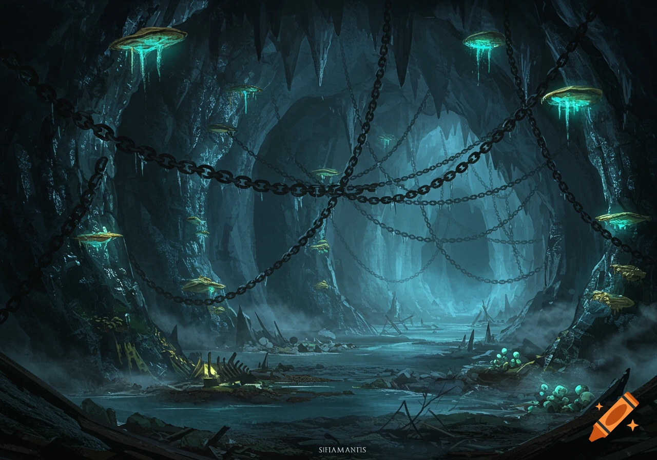 A dark, mysterious cave with heavy chains hanging from the ceiling over a body of water, illuminated by glowing blue-green fungi.
