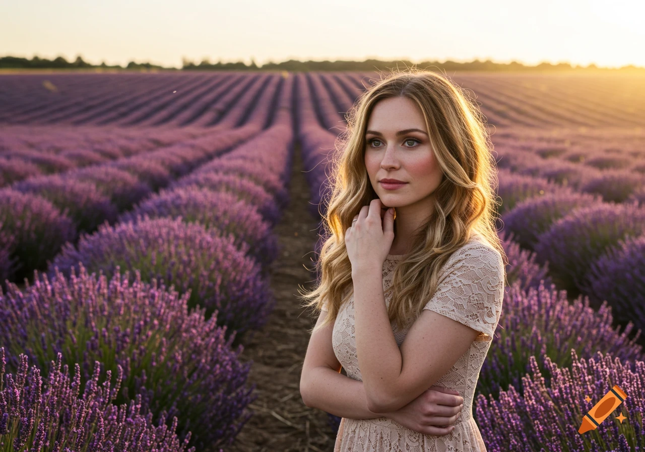 A photorealistic image of a woman with blonde hair in a lavender field at sunset, looking thoughtfully with her hand to her chin.