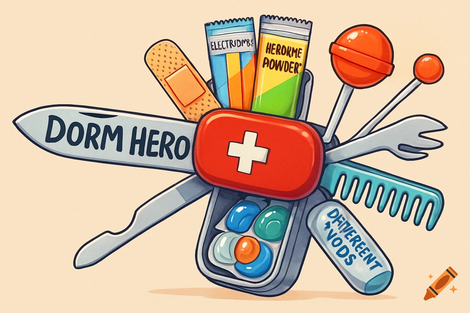 A humorous cartoon logo designed like a Swiss army knife, featuring a blade labeled 'Dorm Hero', a band-aid, electrolyte packets, headache powder, lollipops, a dental pick, a comb, and detergent pods.