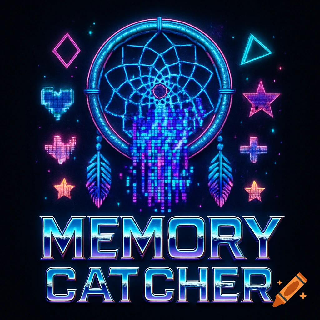 A vibrant neon and pixelated dreamcatcher design on a dark background, featuring glowing blue and pink lights and geometric shapes. The text "MEMORY CATCHER" is prominently displayed below in metallic, glowing letters.