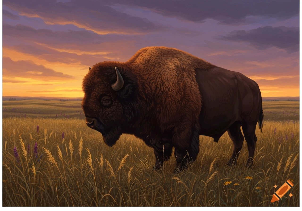 A majestic brown bison stands in a golden grass field under a dramatic sunset sky.