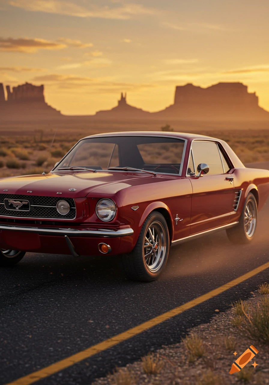 Red 1965 Ford Mustang driving on a desert road at sunset, with mesas in the background. Photorealistic style.